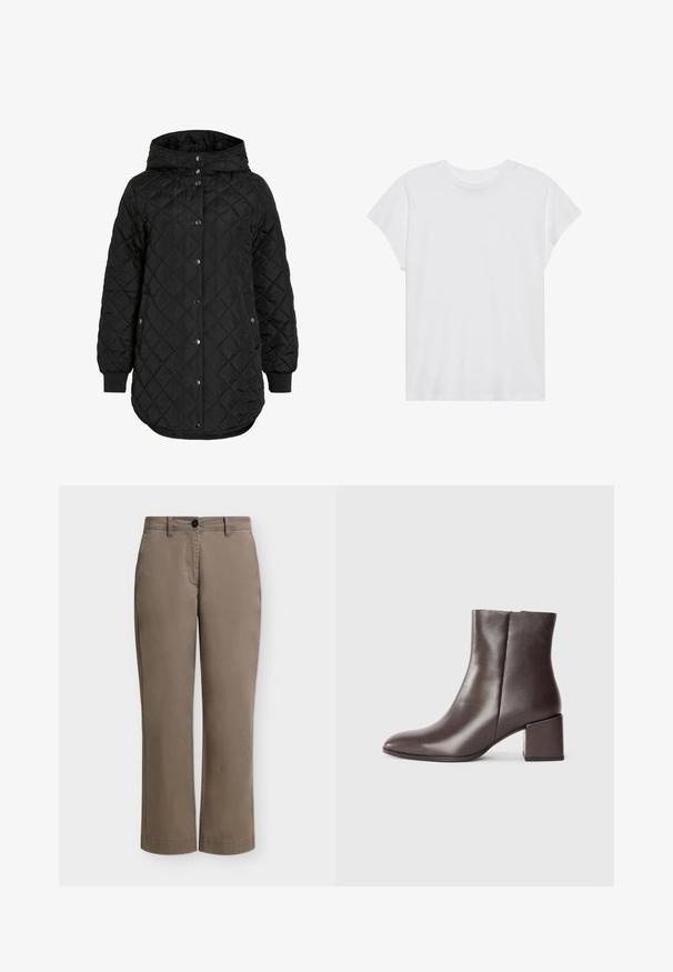 Zwarte gewatteerde jas met een capuchon, voorzien van een knoopsluiting, ribgebreide manchetten en een langere zoom. De stof is soepel met een matte afwerking.; Witte t-shirt met korte mouwen, ronde hals, relaxte pasvorm, gemaakt van zacht katoen. Glad textuur, geen patronen of logo's.; Rechte khaki broek met riemlussen, een knoop- en ritssluiting en twee voorzakken, getoond tegen een effen witte achtergrond.; Bruine leren enkelboot met een elegant ontwerp, spitse neus en vierkante blokhak. Gladde textuur en minimalistische silhouet.