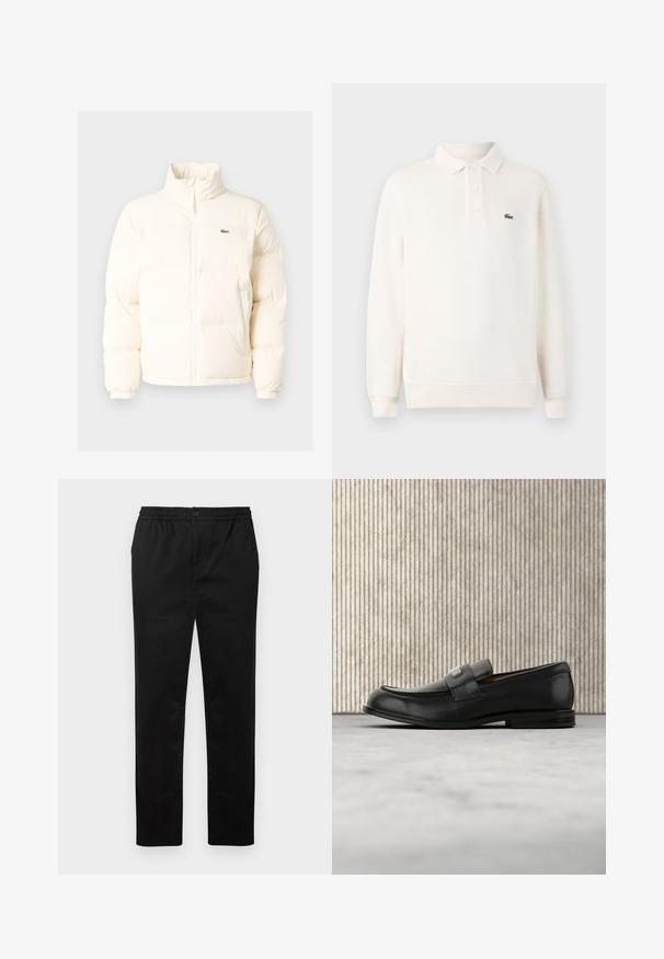 Chaqueta acolchada blanca con un alto cuello, que presenta una cremallera frontal, puños elásticos y un pequeño logotipo verde en el lado izquierdo del pecho.; Camisa polo de manga larga en crema pálido, de punto texturizado, con tapeta de tres botones y un logo verde bordado en el pecho.; Pantalones negros de pierna recta con cintura elástica, cierre de botón y bolsillos laterales, mostrados sobre un fondo blanco liso.; Mocasín de cuero negro con una placa metálica de marca apoyado cerca de una mesa redonda marrón sobre un suelo alfombrado beige.