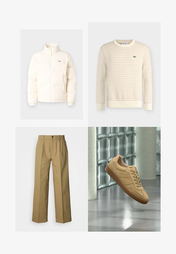 Chaqueta acolchada blanca con un alto cuello, que presenta una cremallera frontal, puños elásticos y un pequeño logotipo verde en el lado izquierdo del pecho.; Jersey de punto texturizado en crema y beige con mangas largas y cuello redondo, que presenta un pequeño logo de cocodrilo Lacoste verde en el pecho izquierdo.; Pantalones anchos de pierna beige hechos de algodón, con cierre de botón en el frente, tres pliegues y dobladillos rectos para un ajuste cómodo.; Zapatilla beige de ante con suela de goma, diseño con cordones, flotando en interiores sobre suelo de hormigón pulido cerca de pared de bloques de vidrio.