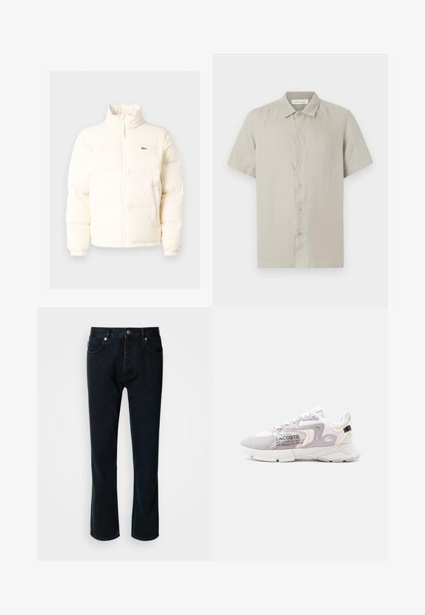 Doudoune blanche avec un col haut, dotée d'une fermeture éclair sur le devant, de poignets élastiques et d'un petit logo vert sur la poitrine gauche.; Chemise beige à manches courtes avec col, boutonnée sur le devant, en tissu léger, vue de face sur fond blanc.; HUGO JONAH - Jean droit - dark blue; Baskets Lacoste blanches et gris clair avec panneaux en mesh, accents en suède, semelle épaisse et détails de coordonnées imprimés sur le côté.