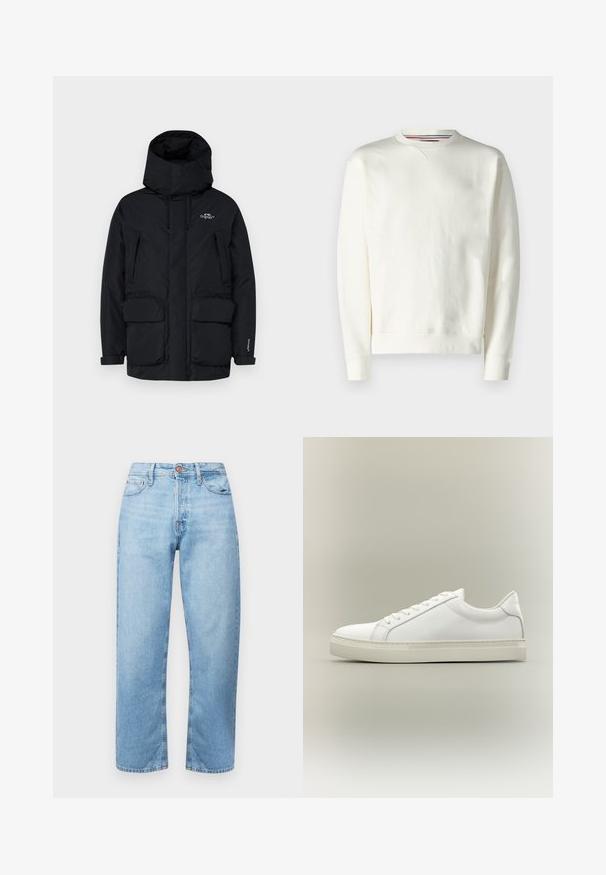 Parka noire isolée avec un col haut, une capuche ajustable, deux grandes poches avant et une poche latérale zippée pour le rangement.; Sweat-shirt blanc avec un col rond, des poignets côtelés et un léger détail de logo. Matière douce avec une texture lisse et un design minimaliste.; Jean en denim bleu clair avec une coupe droite, design cinq poches et fermeture à bouton. Texture lisse et décoloration minimale avec des accents cousus.; Baskets blanches basses à lacets sur l’avant et semelle épaisse, vues de côté sur un fond neutre.