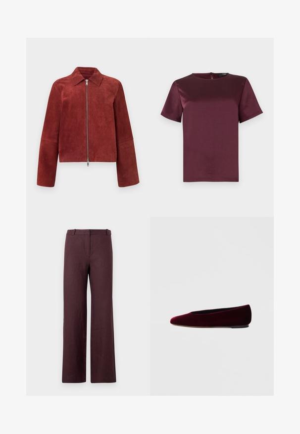 Veste en daim rouge rouille avec fermeture éclair argentée à l'avant et col pointu, manches longues et ourlet droit.; Haut bordeaux à manches courtes avec un col rond, texture lisse semblable à du satin, et une fermeture éclair au dos. Sans motifs ni ornements.; Pantalon droit marron foncé avec une ceinture et une fermeture avant cachée, présenté sur un fond clair uni.; Ballerines en velours bordeaux avec un bout arrondi et un talon bas, présentant une texture lisse et un design élégant.