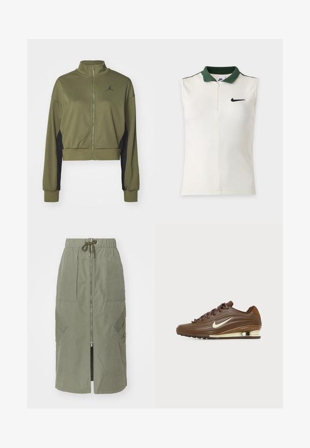 Oliivinvihreä lyhyt takki korkealla kauluksella, vetoketjukiinnitys, mustat sivupaneelit ja musta logo rinnassa. Valmistettu teksturoidusta kankaasta.; Hihaton valkoinen Nike-paita, jossa on ribbineulos, tummanvihreä kaulus, puolikas vetoketju ja musta Nike-logo rinnassa.; Oliivinvihreä midi-hame, joka on valmistettu kevyestä kankaasta. Hameessa on etuvetoketju, joustava vyötärö ja suuret sivutaskut kulmikkailla läpillä.; Ruskea Nike:n urheilukenkä, jossa on kermaisen värinen logo, nauhat ja ainutlaatuinen aaltoileva pohjamalli, näytetty sivulta yksivärisellä taustalla.