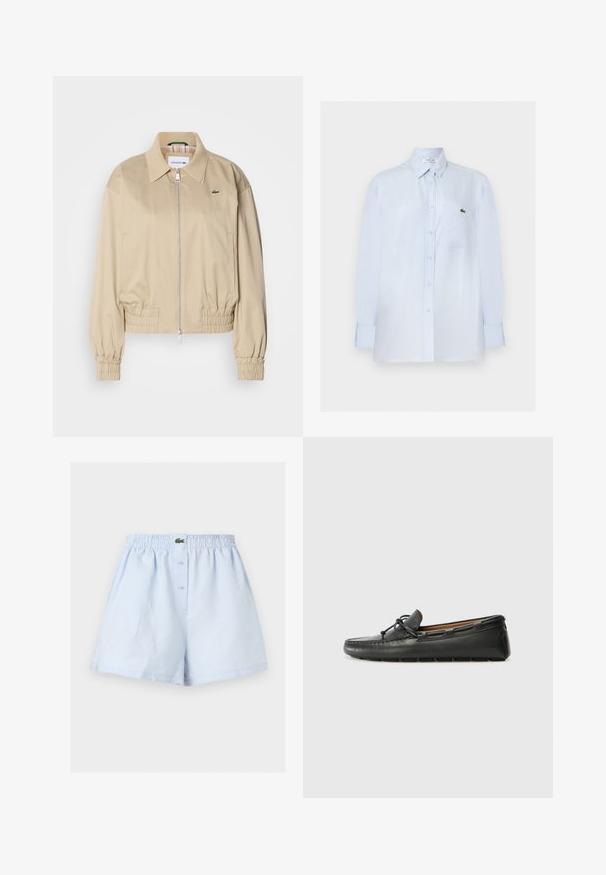 Beige cropped jakke lavet af letvægtsstof, med fuld lynlås, elastiske ærmer og et diskret logo på brystet.; Lyseblå skjorte med lange ærmer og knapper, med brystlomme og lille grønt krokodillelogo på lommen.; Lyseblå herretights med elastisk talje, forreste knaplukning og lille grønt krokodillelogo i midten.; Sorte læder bådsko med afrundet tå, stikninger, lille sløjfedetalje og gummisål. Glat tekstur og strømlinet design.