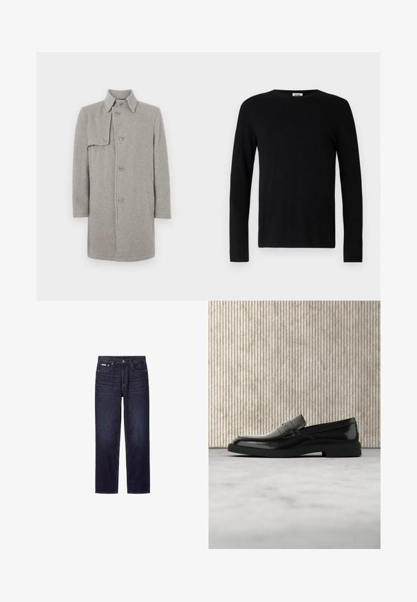 Grå uldblandingsfrakke med krave, knaplukning og en lomme på venstre side. Lange ærmer med en lige silhuet.; Sort langærmet T-shirt med rund halsudskæring, lavet af blødt stof, med en lige skæring og uden synlige mønstre eller accenter.; Mørkeblå straight-leg jeans med fem lommer, knaplukning og synlige syninger.; Sort poleret læderloafer flydende over beige tæppe med orange gennemsigtigt møbel i baggrunden.