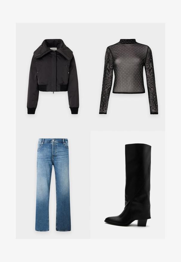 Replay JACKET - Blouson Bomber - black; Haut noir à manches longues en tissu transparent avec un col montant et orné de sequins multicolores disposés en motif de points.; Jeans en denim bleu clair avec une coupe droite, présentant un dégradé progressif, cinq poches et une fermeture à bouton à l'avant.; Botte haute en cuir noir avec couture inclinée, bout pointu et talon épais de taille moyenne sur fond blanc.
