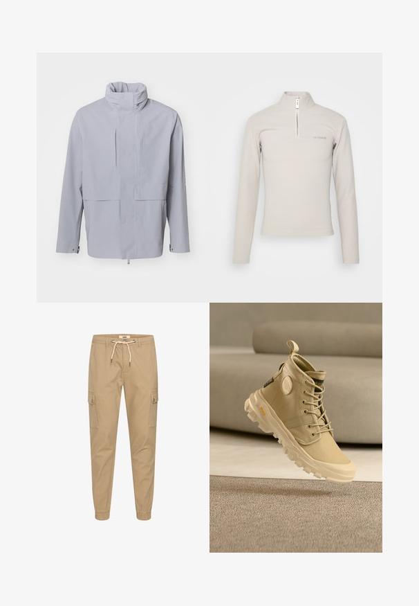 Veste gris clair à col montant, fermeture à boutons et design cropped. Présente une texture lisse avec un style minimaliste et sans motifs visibles.; Han Kjøbenhavn LOGO HALF ZIP SHARP LONG SLEEVE - T-shirt à manches longues - grey; Pantalons cargo beiges en coton, dotés d'une taille élastique avec cordons de serrage réglables, de poches latérales et de chevilles resserrées.; Baskets montantes beiges en toile, avec un logo rond, un design à lacets et une semelle robuste aux motifs de traction visibles.