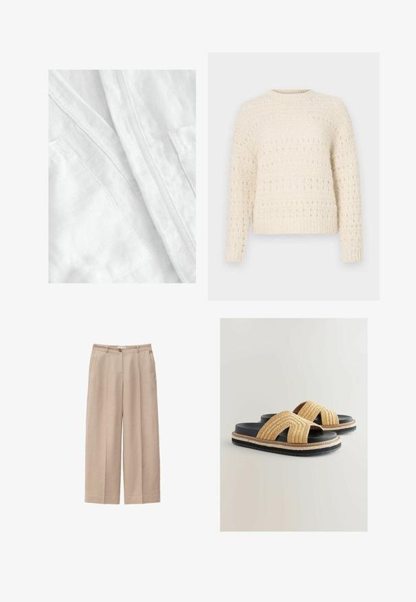 Hvidt linned stof med en blød, struktureret overflade. Har synlige sømme og en lomme detalje, som signalerer et let og åndbart design.; Cremefarvet sweater med struktureret strik, der har vandrette bånd og åbne masker. Rund halsudskæring og lange ærmer. Blødt, chunky materiale.; Beige bukser med vide ben med forreste knap- og lynlåslukning, bæltestropper og sidelommer, lavet af tekstureret stof.; Vævede strå-sandaletter med en sort fodseng, der har to krydsgående stropper, tekstureret overflade og en gummisål med en kontrasterende kant.