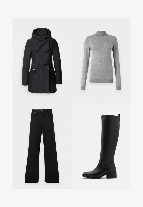 Sort frakke med dobbeltbrystet design, store knapper, hætte og bælte i taljen. Inkluderer sidelommer med lynlås og en glat stofstruktur.; Grå turtleneck sweater lavet af blødt materiale, med lange ærmer, ribbede manchetter og en tætsiddende design med en glat tekstur.; Sorte jeans med brede ben lavet af denim, der har høj talje, fem-lomme design og knaplukning, med en let falmet tekstur.; Sorte knæhøje støvler lavet af glat læder med en blokhælfod, rund tå og et slankt, ubesmykket design.