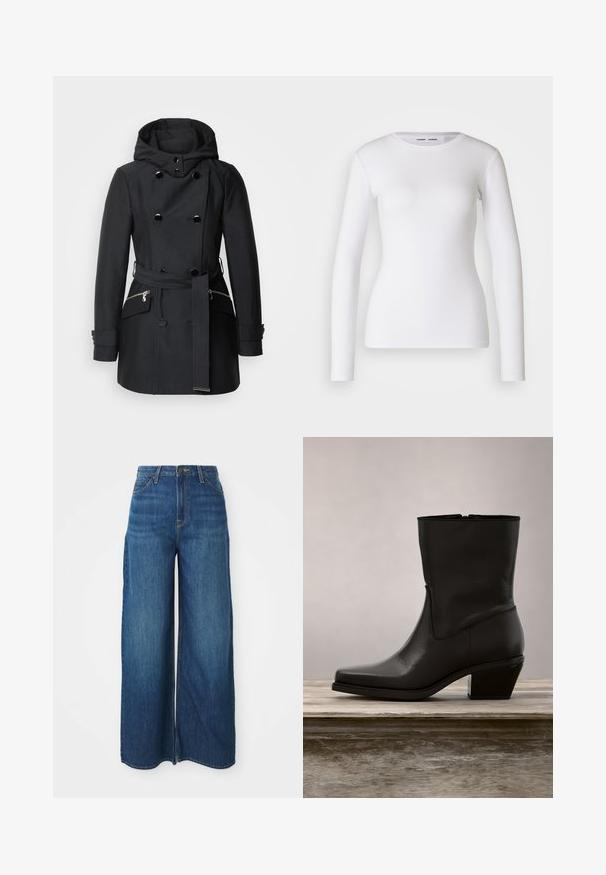 Sort frakke med dobbeltbrystet design, store knapper, hætte og bælte i taljen. Inkluderer sidelommer med lynlås og en glat stofstruktur.; Hvid langærmet skjorte lavet af ribbet stof, med runde udskæring og tætsiddende pasform. Ingen mønstre eller accenter er til stede.; Højtaljede bukser i vidde med blå denim, frontlommer, bæltestropper, knaplukning og synlig syning på en hvid baggrund.; Sort læder ankelstøvle med spids tå, lav blokhæl, glat overflade og minimalistsk syning. Lynlåslukning synlig på bagsiden.