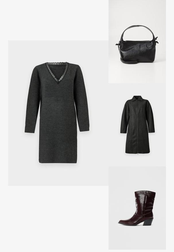 Manteau long gris foncé avec un col, des manches longues, une fermeture éclair à l'avant et deux poches verticales sur un fond uni.; Robe tricotée à manches longues gris foncé avec un décolleté en V, ornée d'une délicate bordure en dentelle le long du col.; Bottines en cuir bourgogne avec un bout pointu, une surface texturée et un petit talon effilé. Présente une couture discrète et un ajustement confortable.; Sac à main en cuir noir au design structuré, avec une poignée arrondie et une bandoulière amovible. Présente une texture lisse et un éclat subtil.