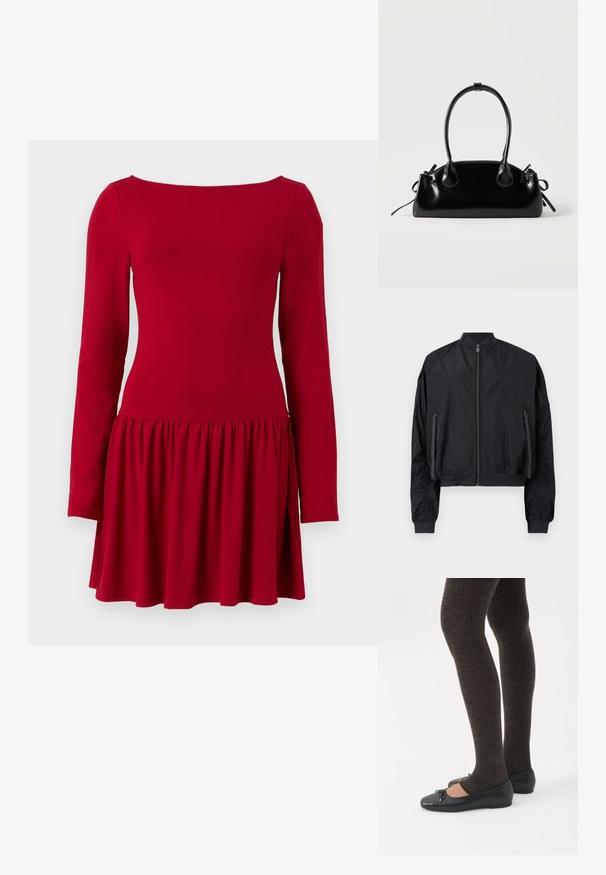 Veste aviateur noire avec fermeture éclair à l'avant, deux poches latérales zippées avec tirettes en tissu, col, poignets et ourlet côtelés, et une poche zippée sur la manche.; Robe rouge à manches longues avec corsage ajusté et jupe froncée, présentée sur un fond blanc.; Jambes portant des leggings côtelés foncés associés à des ballerines noires avec de petits détails en nœud sur fond blanc.; Petit sac à main noir brillant avec deux longues anses et des détails à cordon sur les côtés sur un fond clair uni.