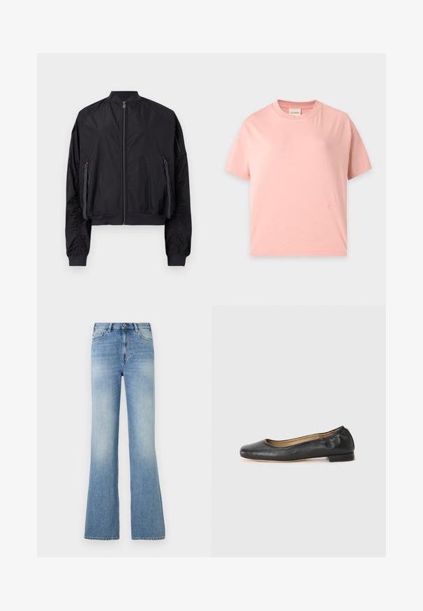 Veste aviateur noire avec fermeture éclair à l'avant, deux poches latérales zippées avec tirettes en tissu, col, poignets et ourlet côtelés, et une poche zippée sur la manche.; T-shirt à manches courtes rose clair avec un col rond, une coupe droite et un petit logo brodé ton sur ton près de l’ourlet inférieur.; Jean denim bleu clair taille haute avec bouton et fermeture éclair devant, cinq poches, jambes légèrement évasées et légère décoloration au niveau des cuisses.; Ballerines en cuir noir avec un bout arrondi et des coutures minimales. Talon bas et rectangulaire avec une texture lisse. Détails subtils de doublure intérieure.