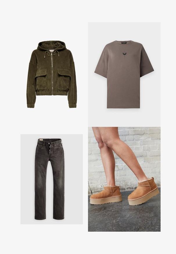 Corduroy zip-up hoodie i olivengrøn med hætte, to frontlommer, elastiske cuffs og kant. Blød tekstur med stribet mønster.; Brun T-shirt med korte ærmer og et lille sort voksende måne- og stjernedesign placeret midt under halsudskæringen.; Mørkegrå lige ben jeans lavet af denim, der har en knaplukning, fem-lommemodel og subtile falmede detaljer på stoffet.; Brune ruskinds ankelsko med en blød foring, tyk beige plattformsål og en bageste løkke. Tekstureret overflade med synlige sømdetaljer.