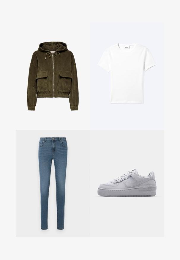 Corduroy zip-up hoodie i olivengrøn med hætte, to frontlommer, elastiske cuffs og kant. Blød tekstur med stribet mønster.; Ensfarvet hvid t-shirt med korte ærmer og rund halsudskæring med en lille "WEEKDAY" label indeni halskanten, vist fladt på en lys baggrund.; Slanke jeans i mellemblå denim. Klassisk fem-lomme design med lynlås og knaplukning. Glat tekstur, let slidt finish.; Grå Nike Air Force 1 sneakers med perforeret tå, glat læderoverdel, tyk sål og præget 'AIR' detalje på hælen.
