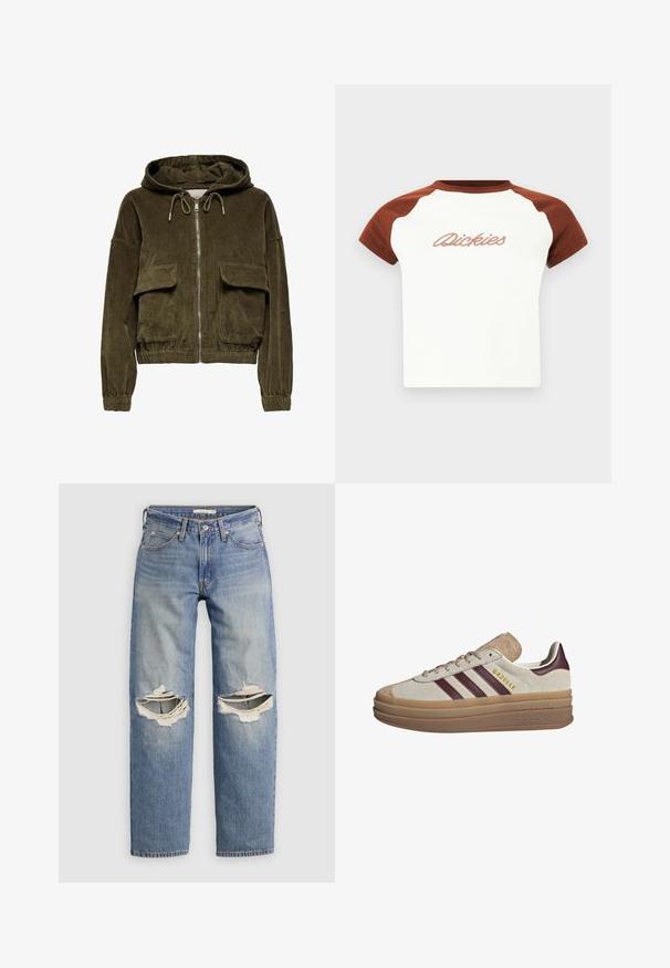 Corduroy zip-up hoodie i olivengrøn med hætte, to frontlommer, elastiske cuffs og kant. Blød tekstur med stribet mønster.; T-shirt med korte ærmer med hvid krop og brune raglanærmer. Har "Dickies" i stiliseret syning på tværs af brystet. Glat tekstur.; Blå denimjeans med lige ben og store vandrette revner over begge knæ, vist på en ensfarvet baggrund.; Beige ruskinds sneakers med maroon striber, hvide accenter, en kraftig gennemsigtig sål og forhøjet branding på siden. Snørebåndsdesign.