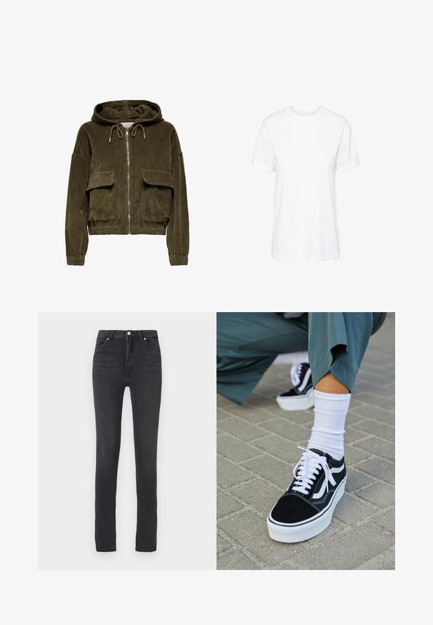 Corduroy zip-up hoodie i olivengrøn med hætte, to frontlommer, elastiske cuffs og kant. Blød tekstur med stribet mønster.; Hvid bomulds t-shirt med korte ærmer, rund hals og en afslappet pasform, med en glat tekstur og uden synlige mønstre.; Sorte skinny jeans med høj talje, lavet af stræk denim, med bæltestropper, minimal syning og et klassisk fem-lomme design.; Sorte ruskinds sneakers med hvide accenter og snørebånd, der har en tyk hvid sål og kontrasterende syninger, parret med en hvid sok.