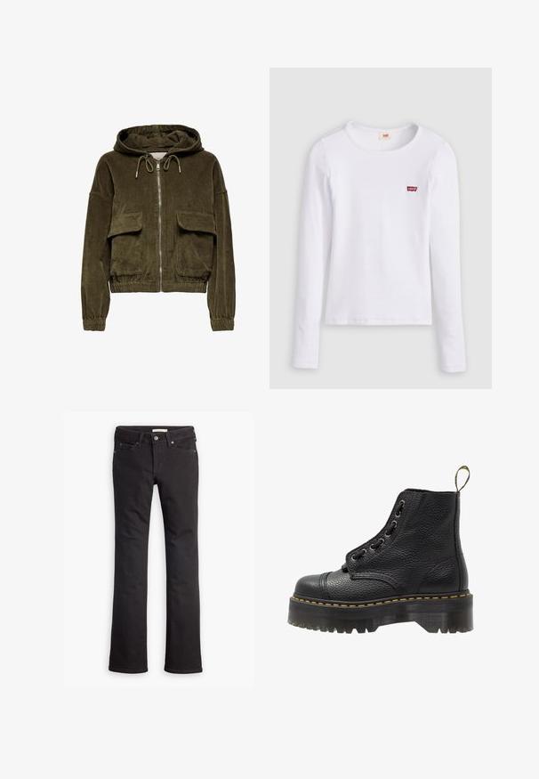Corduroy zip-up hoodie i olivengrøn med hætte, to frontlommer, elastiske cuffs og kant. Blød tekstur med stribet mønster.; Hvid Levi's langærmet skjorte med rund halsudskæring og lille rødt Levi's-logo på venstre bryst, vist på en ensfarvet baggrund.; Sorte jeans lavet af denim, med lige ben-design, standard talje, fem lommer og diskrete syninger.; Sorte læder ankelstøvler med tekstureret overflade, rund tå, snørebåndsdesign, gule stikninger og en tyk, rillet sort platformsål.