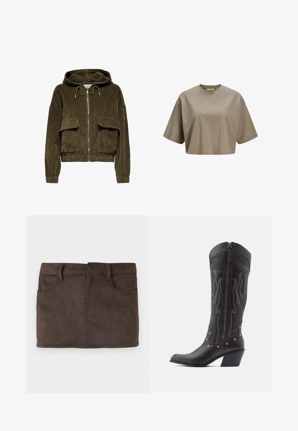 Corduroy zip-up hoodie i olivengrøn med hætte, to frontlommer, elastiske cuffs og kant. Blød tekstur med stribet mønster.; Brun cropped t-shirt lavet af blødt bomuld, med rund halsudskæring og korte ærmer. Glat tekstur med diskrete sydetaljer.; Brun suedette mini nederdel med to forlommer, bæltestropper og lukning med knap foran. Glat tekstur med en subtil glans.; Brune læder cowboystøvler med flammebroderi, sidelukning med lynlås, sølvnitter, spids snude og lagdelt hæl.