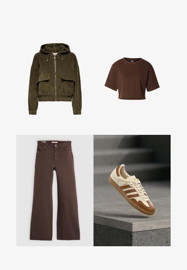 Vihreä oliivinvärinen corduroy-zip-up-huppari, jossa on huppu, kaksi etutaskua, joustavat hihansuut ja helma. Pehmeä rakenne, jossa on raidallinen kuvio.; Ruskea lyhythiha-poolopaita pyöreällä pääntiellä ja "Urban Classics" -merkinnällä kauluksen sisäpuolella.; Ruskeat leveälahkeiset farkut korkealla vyötäröllä, viidellä taskulla ja nappikiinnityksellä, aseteltu tasaisesti vaalealle taustalle.; Klassinen lenkkitossu, jossa on kermaisen värinen nahkapäällinen, ruskeita yksityiskohtia, kolme raitaa ja kuvioitu kumipohja. Varustettu pyöreällä kärjellä ja nauhoituksella.