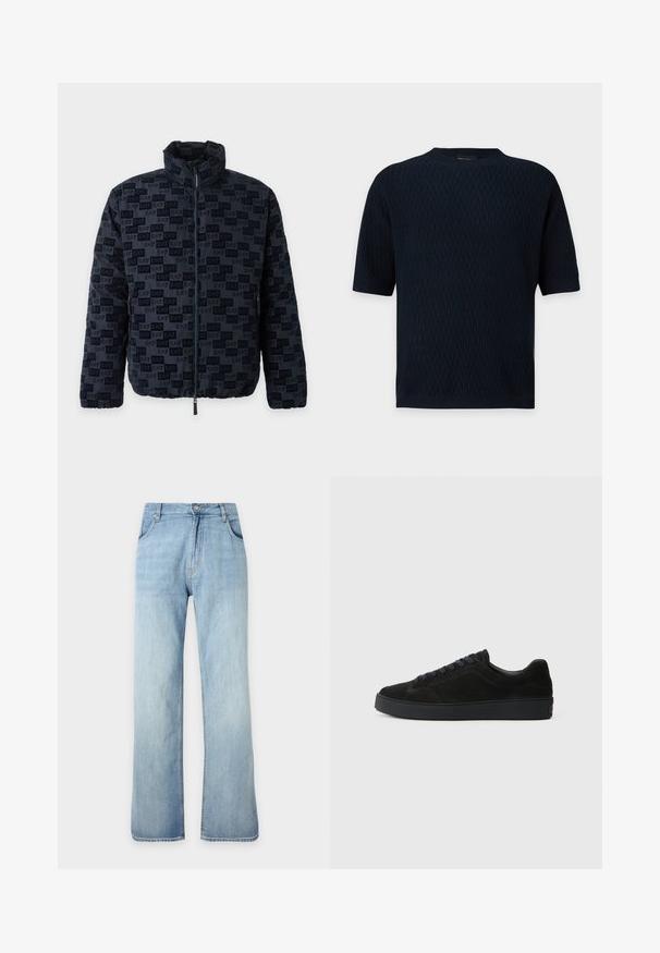 Veste noire zippée intégralement avec col montant et motif répétitif du logo EA7 sur le tissu, comprenant des poches latérales zippées et des poignets et un ourlet élastiques.; Haut tricoté bleu marine foncé à manches courtes avec motif zigzag texturé et encolure ronde, poignets et ourlet côtelés.; Jean denim bleu clair à coupe droite avec fermeture avant à boutons et zip, poches avant et passants de ceinture, présenté sur un fond uni.; Basket en suède noire avec une semelle plate et texturée, un bout rond, six œillets pour les lacets et un design minimaliste.