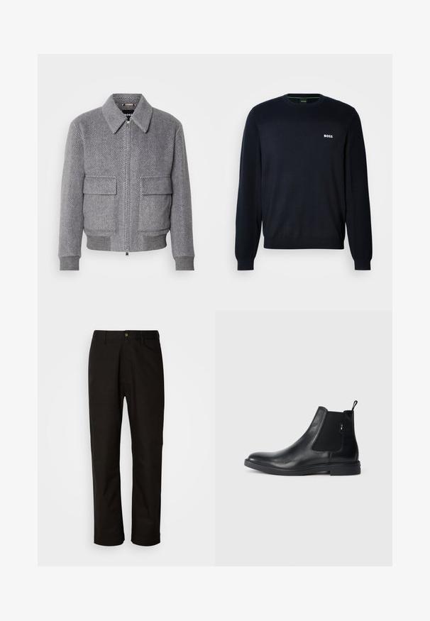 Grau karierter Jackett mit Kragen, Frontreißverschluss und zwei Klappentaschen. Verfügt über gerippte Bündchen und Saum für eine optimale Passform.; Dunkelblaues langärmeliges Crewneck-Sweatshirt mit gerippten Bündchen und Saum, ausgestattet mit einem kleinen weißen "BOSS"-Logo auf der linken Brust.; Schwarze Baumwollhosen mit geradem Schnitt, Gürtelschlaufen, einem Reißverschluss vorne und einem einzelnen Knopfverschluss. Glatte Textur ohne sichtbare Muster.; Schwarze Leder Chelsea-Boots mit elastischen seitlichen Einsätzen, einer Zugschlaufe und einer flachen Gummisohle. Glatte Textur mit minimaler Ausgestaltung.