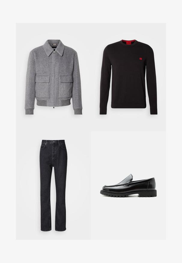 Grå jakke med fiskebensmønster, krave, frontlynlås og to klaplommer. Har ribbede manchetter og kant for bedre pasform.; Sort crewneck sweatshirt lavet af blødt stof, med lange ærmer, ribbede manchetter og et lille rødt logo-patch på brystet.; Høj talje sorte denim jeans med knap- og lynlåsåbning, for- og baglommer samt lige ben.; Sort læderloafer med chunky gummisål, syet overdel og præget mærkenavn på hælen, vist i sideprofil på hvid baggrund.