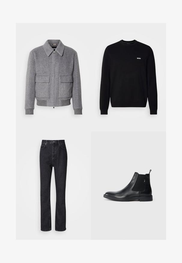 Grau karierter Jackett mit Kragen, Frontreißverschluss und zwei Klappentaschen. Verfügt über gerippte Bündchen und Saum für eine optimale Passform.; Schwarzer langärmliger Rundhalsausschnitt-Pullover mit kleinem weißen "BOSS"-Logo auf der linken Brust, gerippten Bündchen und Saum, vor einem weißen Hintergrund präsentiert.; Hochtaillierte schwarze Jeans aus Denim mit Knopf- und Reißverschluss, Vorder- und Hintertaschen sowie einer geraden Passform.; Schwarze Leder Chelsea-Boots mit elastischen seitlichen Einsätzen, einer Zugschlaufe und einer flachen Gummisohle. Glatte Textur mit minimaler Ausgestaltung.