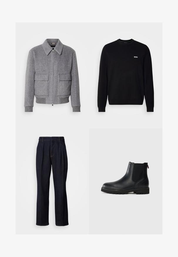 Grau karierter Jackett mit Kragen, Frontreißverschluss und zwei Klappentaschen. Verfügt über gerippte Bündchen und Saum für eine optimale Passform.; Schwarzer langärmliger Rundhalsausschnitt-Pullover mit kleinem weißen "BOSS"-Logo auf der linken Brust, gerippten Bündchen und Saum, vor einem weißen Hintergrund präsentiert.; Dunkelblaue weit geschnittene Jeans mit vorderen Falten und orangen Nähten, auf weißem Hintergrund gezeigt.; Schwarze Leder-Stiefelette mit elastischen Seiteneinsätzen, runder Spitze und einer robusten Gummisohle mit tiefem Profil für optimalen Halt.