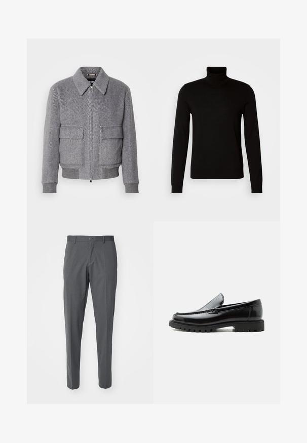 Grå jakke med fiskebensmønster, krave, frontlynlås og to klaplommer. Har ribbede manchetter og kant for bedre pasform.; Sort turtleneck sweater lavet af et fint strikket stof, der har lange ærmer og en tætsiddende silhuet. Glat tekstur med ribbede manchetter.; Grå bukser lavet af et glat stof, der har en knaplukning, forlommer og en slim fit-design.; Sort læderloafer med chunky gummisål, syet overdel og præget mærkenavn på hælen, vist i sideprofil på hvid baggrund.