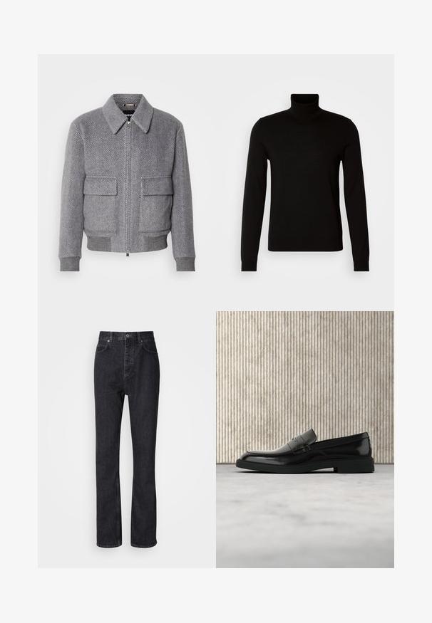 Grau karierter Jackett mit Kragen, Frontreißverschluss und zwei Klappentaschen. Verfügt über gerippte Bündchen und Saum für eine optimale Passform.; Schwarzer Rollkragenpullover aus feiner Strickware, mit langen Ärmeln und taillierter Silhouette. Glatte Textur mit gerippten Bündchen.; Hochtaillierte schwarze Jeans aus Denim mit Knopf- und Reißverschluss, Vorder- und Hintertaschen sowie einer geraden Passform.; Schwarzer, polierter Lederloafer, der über einem beigen Teppich schwebt, mit orangener, durchscheinender Möbel im Hintergrund.