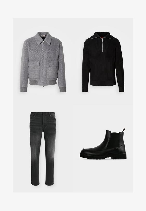Grau karierter Jackett mit Kragen, Frontreißverschluss und zwei Klappentaschen. Verfügt über gerippte Bündchen und Saum für eine optimale Passform.; Schwarzer gerippter Pullover mit hohem Kragen und kurzem Reißverschluss. Verfügt über einen strukturierten Stoff und enganliegende Bündchen, die eine konturierte Silhouette bieten.; Schwarze Skinny-Jeans mit ausgebleichten Details, Fünf-Taschen-Stil und Knopfverschluss in der Taille.; Schwarzer Lederknöchelstiefel mit strukturierter Sohle, elastischen Seitenteilen und Zuglasche vor einem hellgrauen Hintergrund.