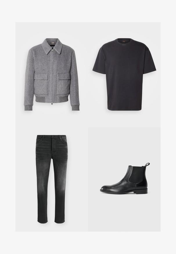 Grau karierter Jackett mit Kragen, Frontreißverschluss und zwei Klappentaschen. Verfügt über gerippte Bündchen und Saum für eine optimale Passform.; Schwarzes T-Shirt mit kurzen Ärmeln aus Baumwolle, mit rundem Halsausschnitt und dezentem Branding am Kragen. Weiche Textur mit lässiger Passform.; Schwarze Skinny-Jeans mit ausgebleichten Details, Fünf-Taschen-Stil und Knopfverschluss in der Taille.; Schwarze Leder-Stiefelette mit elastischen Seiteneinsätzen, abgerundeter Zehenpartie und einem Zugschlauf. Glatte Textur, flache Sohle, minimalistisches Design.