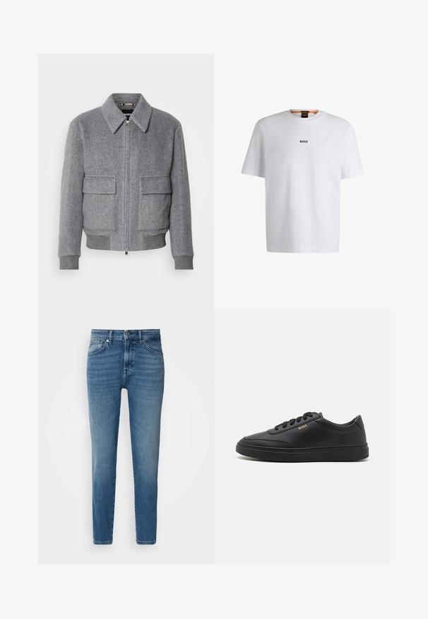 Grå jakke med fiskebensmønster, krave, frontlynlås og to klaplommer. Har ribbede manchetter og kant for bedre pasform.; Hvid bomuld T-shirt med korte ærmer, med et sort "BOSS" logo centreret på brystet og en rund halsudskæring.; Lysblå denimjeans med lige pasform, traditionelt fem-lomme-design, metalknaplukning og diskret slid på fronten.; Sorte lædersneakers med en glat overflade, rund tå, flad gummisål og tonede snørebånd. Udstyret med guld "BOSS" branding på siden.
