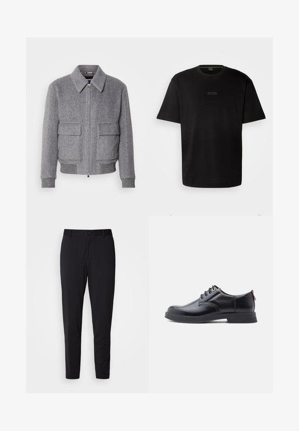 Grau karierter Jackett mit Kragen, Frontreißverschluss und zwei Klappentaschen. Verfügt über gerippte Bündchen und Saum für eine optimale Passform.; Schwarzes Baumwoll-T-Shirt mit Rundhalsausschnitt, kurzen Ärmeln und dezent eingeprägtem "BOSS"-Logo in der Mitte. Einfaches, minimalistisches Design.; Schwarze Hose aus strukturiertem Stoff, mit geradem Schnitt, normalem Bund mit einem Knopf und seitlichen Taschen.; Schwarze Leder-Schnürschuhe mit glatter Textur, rundem Zehenbereich und dezenten Ziernähten. Mit einem roten Laschenband an der Ferse.