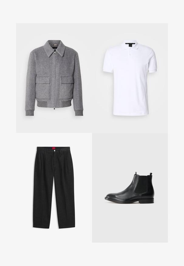 Grå jakke med fiskebensmønster, krave, frontlynlås og to klaplommer. Har ribbede manchetter og kant for bedre pasform.; Hvid polo-shirt i bomuld med korte ærmer, krave og tre-knaps lukning. Subtil logo detalje på brystet. Glat tekstur.; Sorte bukser med høj talje med forreste læg, bæltestropper, knap og lynlås lukning samt en rød label indeni linningen.; Sorte læder Chelsea støvler med elastiske sidepaneler, rund tå, trækstrop og en lav blokhæl. Glat tekstur og minimalistisk design.