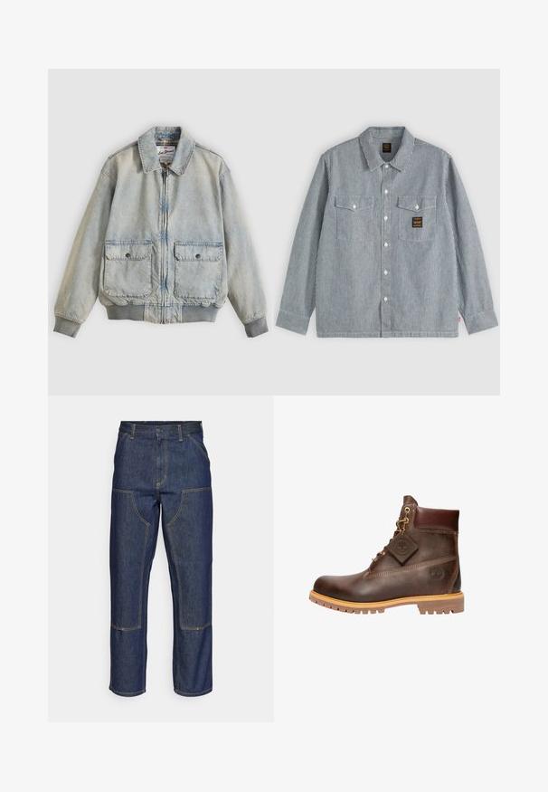 Ανοιχτό μπλε denim μπουφάν με φερμουάρ μπροστά, δύο μπροστινές τσέπες, ριμπ μανσέτες και γιακά. Διαθέτει εσωτερική φόδρα με καρό σχέδιο. Casual σχεδιασμός.; Πουκάμισο με μακριά μανίκια και κουμπιά, με λεπτές κάθετες ασπρόμαυρες ρίγες, δύο μπροστινές τσέπες με καπάκια και ένα μικρό μαύρο λάβαρο στην δεξιά τσέπη.; Σκούρο μπλε τζιν παντελόνι με ψηλή μέση, ευθεία γραμμή, αντίθεση ραφής και πλαϊνές τσέπες μπροστά.; Καφέ δερμάτινο μποτάκι μέχρι τον αστράγαλο με στρογγυλή μύτη, ανθεκτική σόλα, χρυσό εξάρτημα και υφή στην επιφάνεια. Περιλαμβάνει ετικέτα λογότυπου συνημμένη.