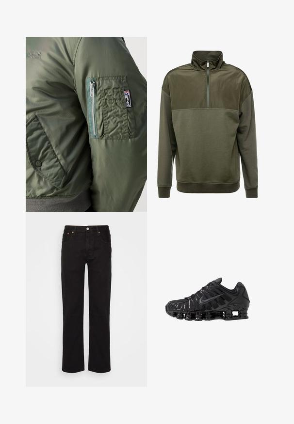 Grøn bomberjakke med en glat, skinnende tekstur, der har en lynlåslomme på venstre ærme og en synlig logo-patch.; Oliven grøn pullover sweatshirt med høj krave, halv lynlås foran og en blanding af glatte og strukturerede materialer.; Sorte lige ben jeans lavet af bomuld. Har fem lommer, en metalknap og orange syninger fortil.; Sorte atletikskoser lavet af mesh og syntetiske materialer, med et karakteristisk bølget design, sort gummisål og reflekterende detaljer.