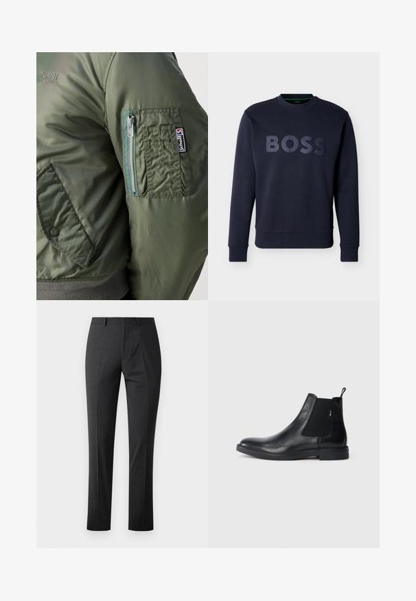 Grøn bomberjakke med en glat, skinnende tekstur, der har en lynlåslomme på venstre ærme og en synlig logo-patch.; Marineblå langærmet sweatshirt med ribstrikkede manchetter og kant, prydet med hævet "BOSS" bogstaver på tværs af brystet.; Skræddersyede mørkegrå bukser med en glat tekstur, slim fit, flad front og standard talje. Har pressede folder og ingen synlige mønstre.; Sorte læder Chelsea støvler med elastiske sidepaneler, en pull-tab og en flad gummisål. Glat tekstur med minimal detaljer.