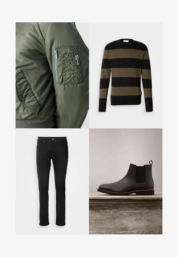 Grøn bomberjakke med en glat, skinnende tekstur, der har en lynlåslomme på venstre ærme og en synlig logo-patch.; Lindbergh BLOCK STRIPE - Striktrøje - olive; Sorte bomuldsjeans med lige ben, der har en frontknaplukning, bæltestropper og standardlommer med en glat tekstur.; Sorte læder Chelsea støvler med elastiske sidepaneler og rund tå, der har en tekstureret sål og diskrete syninger, hævet over en træoverflade.