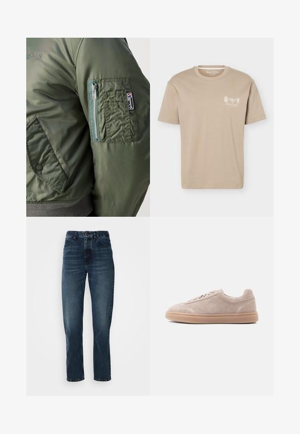 Groene bomberjack met een gladde, glanzende textuur, voorzien van een ritszak op de linker mouw en een zichtbaar logopatch.; Beige T-shirt met korte mouwen en een ronde hals, met kleine insectengrafieken en het "Marc O'Polo"-logo op de linkerborst.; Donkerblauwe recht gesneden jeans met een sluiting met knoop en rits aan de voorkant, vijf-pocket ontwerp en subtiele vervaging op de dijen en knieën.; Beige suède lage sneaker met veterluiting en gumzool, linkerzijaanzicht op een lichte achtergrond.