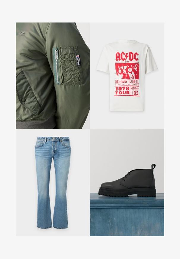 Chaqueta bomber verde con una textura suave y brillante, que cuenta con un bolsillo con cremallera en la manga izquierda y un parche de logo visible.; Camiseta blanca con gráfico rojo de la banda AC/DC, foto de grupo y texto de la gira Highway to Hell de 1979 en el Oakland Auditorium el 5 de septiembre.; Vaqueros de mezclilla azul claro con cintura de tiro medio, cinco bolsillos y un leve acampanado en la parte inferior.; Botín negro de cuero con un empeine texturizado, diseño de cordones y suela de goma gruesa con un profundo dibujo para una mejor tracción.