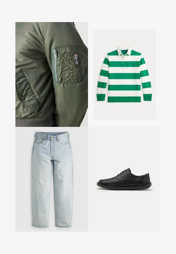 Grüne Bomberjacke mit glatter, glänzender Textur, ausgestattet mit einer Reißverschlusstasche auf dem linken Ärmel und einem sichtbaren Logopatch.; Grün-weiß gestreiftes Langarm-Poloshirt mit einem Kragen, versehen mit einem kleinen, auf der Brust gestickten Logo und einer Knopfleiste.; Hellblaue Jeans aus Denim mit geradem Bein, fünf Taschen und einem Knopfverschluss; mit verblassten Bereichen und dezenten Nähdetails.; Schwarze Lederschuhe mit glatter Oberfläche, runder Zehenform und minimaler Schnürung. Verfügt über eine flache Gummisohle und dezente Markenkennzeichnung an der Seite.