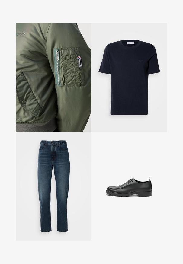 Grüne Bomberjacke mit glatter, glänzender Textur, ausgestattet mit einer Reißverschlusstasche auf dem linken Ärmel und einem sichtbaren Logopatch.; Navyblaue Baumwoll-T-Shirt mit kurzen Ärmeln, rundem Ausschnitt und kleinem Logodetail auf der Brust. Glatte Textur, klassischer Schnitt.; Dunkelblaue gerade Jeans mit Knopf- und Reißverschluss vorne, Fünf-Taschen-Design und subtiler Ausbleichung an Oberschenkeln und Knien.; Schwarze Lederschuhe mit glatter Oberfläche, runder Zehenform und dekorativer Naht. Mit einer Gummisohle mit Traktionsrillen und Schnürdesign.