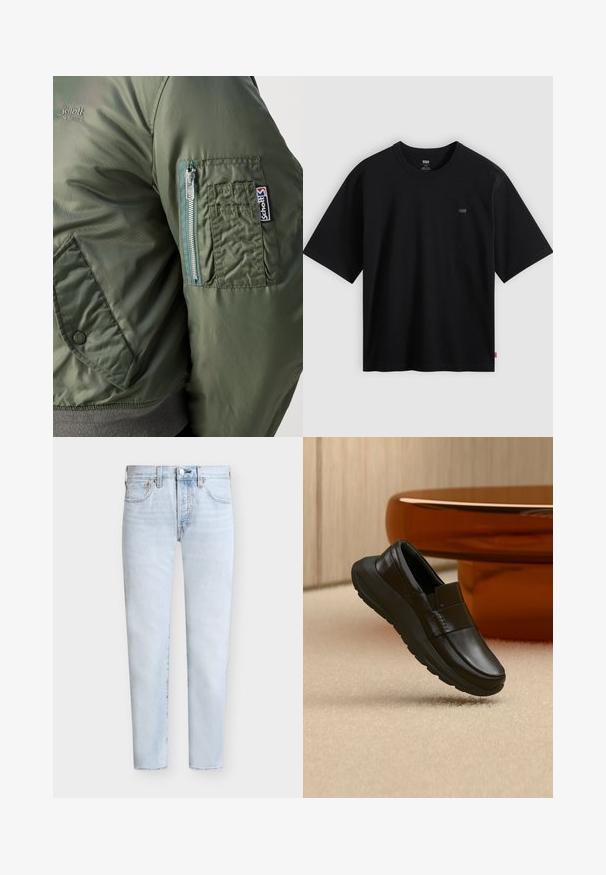 Chaqueta bomber verde con una textura suave y brillante, que cuenta con un bolsillo con cremallera en la manga izquierda y un parche de logo visible.; Camiseta negra de algodón, con cuello redondo y mangas cortas. Incluye un pequeño logo en el lado izquierdo del pecho.; Vaqueros de mezclilla azul claro de pierna recta con bolsillos delanteros y cierre de botón, mostrados sobre un fondo blanco liso.; Mocasín de cuero negro con suela gruesa, mostrado sobre una alfombra beige y cerca de una base de mesa redonda de color ámbar.