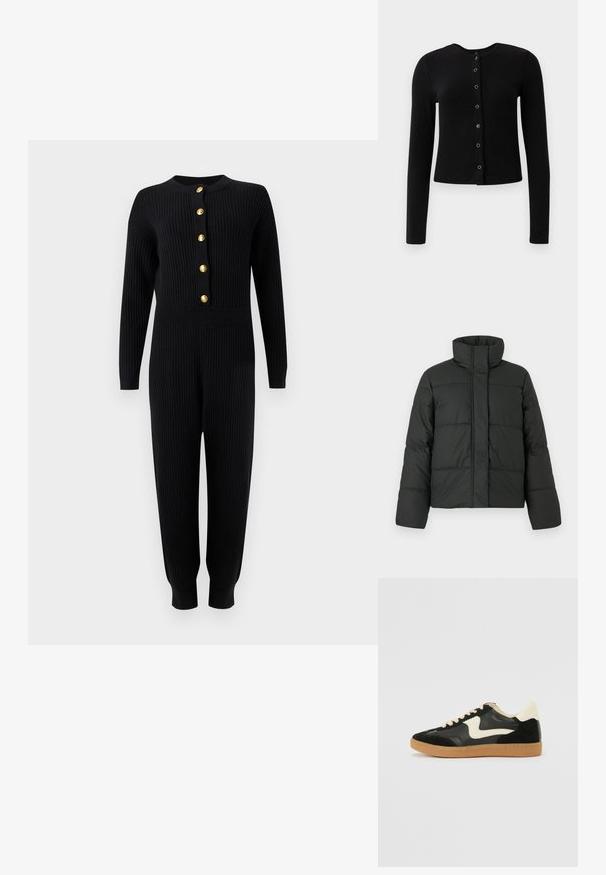 Veste doudoune noire avec col haut, design matelassé et manches longues. Fabriquée en tissu lisse, dotée d'une fermeture éclair à l'avant.; Combinaison en maille côtelée noire à manches longues, boutons dorés sur le devant, taille ajustée et jambes fuselées se terminant par des revers.; Cardigan long à manches longues noir à côtes avec un col rond et une fermeture à boutons centraux, présentant des boutons métalliques et une silhouette ajustée.; Baskets en daim et cuir noir avec un swoosh latéral crème et un talon crème clair. Dotées de lacets beige et d'une semelle en caoutchouc gomme.