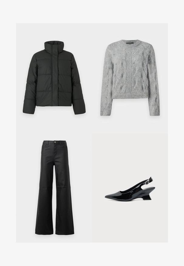 Veste doudoune noire avec col haut, design matelassé et manches longues. Fabriquée en tissu lisse, dotée d'une fermeture éclair à l'avant.; Pull à manches longues en tricot torsadé gris, avec un col rond et des bords côtes à l'encolure et aux manches, présenté sur fond blanc.; Jean noir à jambe large en denim lisse, avec une fermeture à bouton, des poches avant et une taille haute.; Chaussure slingback en cuir verni noir avec bout pointu et petit talon bloc incliné sur fond clair uni.