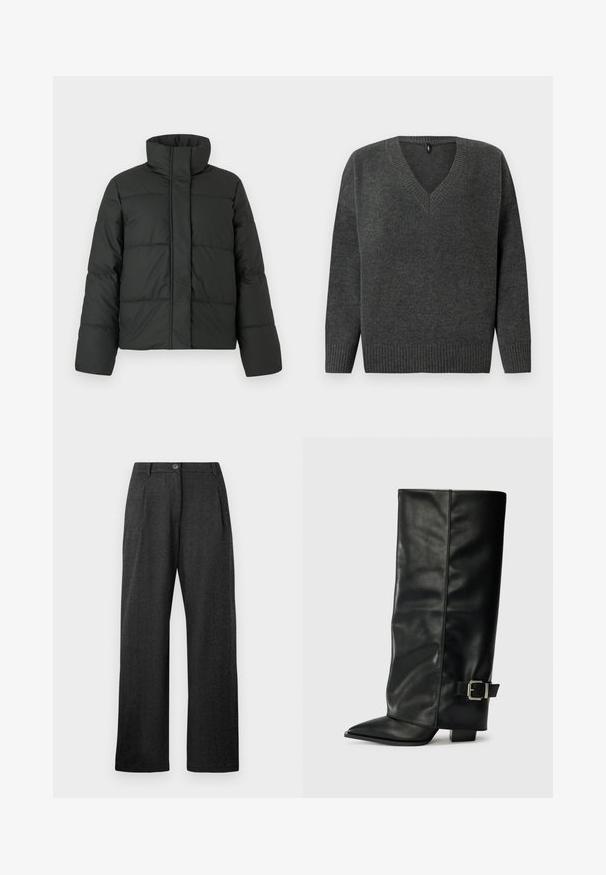 Veste doudoune noire avec col haut, design matelassé et manches longues. Fabriquée en tissu lisse, dotée d'une fermeture éclair à l'avant.; Pull en tricot gris avec un col en V, des bords-côtes aux poignets et à l'ourlet. Il présente une texture douce et une coupe décontractée, idéale pour être portée en superposition par temps frais.; Pantalons taille haute gris foncé avec fermeture à bouton, plis à l'avant, passants de ceinture et jambes larges et droites.; Bottes noires en cuir longueur cheville avec un bout pointu, texture lisse et une accent en boucle argentée sur le côté. Talon carré épais.