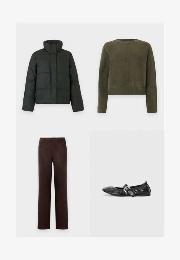 Veste doudoune noire avec col haut, design matelassé et manches longues. Fabriquée en tissu lisse, dotée d'une fermeture éclair à l'avant.; Pull cropped vert olive en matériau tricoté doux. Dispose de manches longues et d'un col rond avec un subtil détail de couture centrale.; Pantalons en suède marron foncé à jambes droites avec fermeture à bouton et zip à l'avant, passants de ceinture et poches latérales.; Chaussure plate en cuir noir avec un nez pointu, des détails froncés autour de l'ouverture et un accent en boucle argentée sur la bride ajustable.