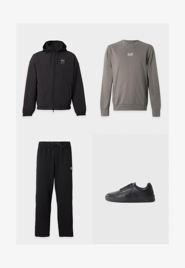 Veste noire à capuche avec fermeture éclair, poignets et bas élastiques, poches avant et petit logo EA7 sur la poitrine gauche.; Sweat-shirt gris à manches longues avec col rond et logo EA7 Emporio Armani blanc sur la poitrine, poignets et ourlet côtelés.; Pantalon de survêtement noir avec taille élastique et cordon, avec un petit patch logo EA7 rectangulaire sur la partie supérieure de la cuisse gauche.; Chaussure de sport en cuir noir avec une finition lisse, bout arrondi, panneau latéral texturé et lacets noirs. Présente une semelle en caoutchouc plate et un design minimaliste.